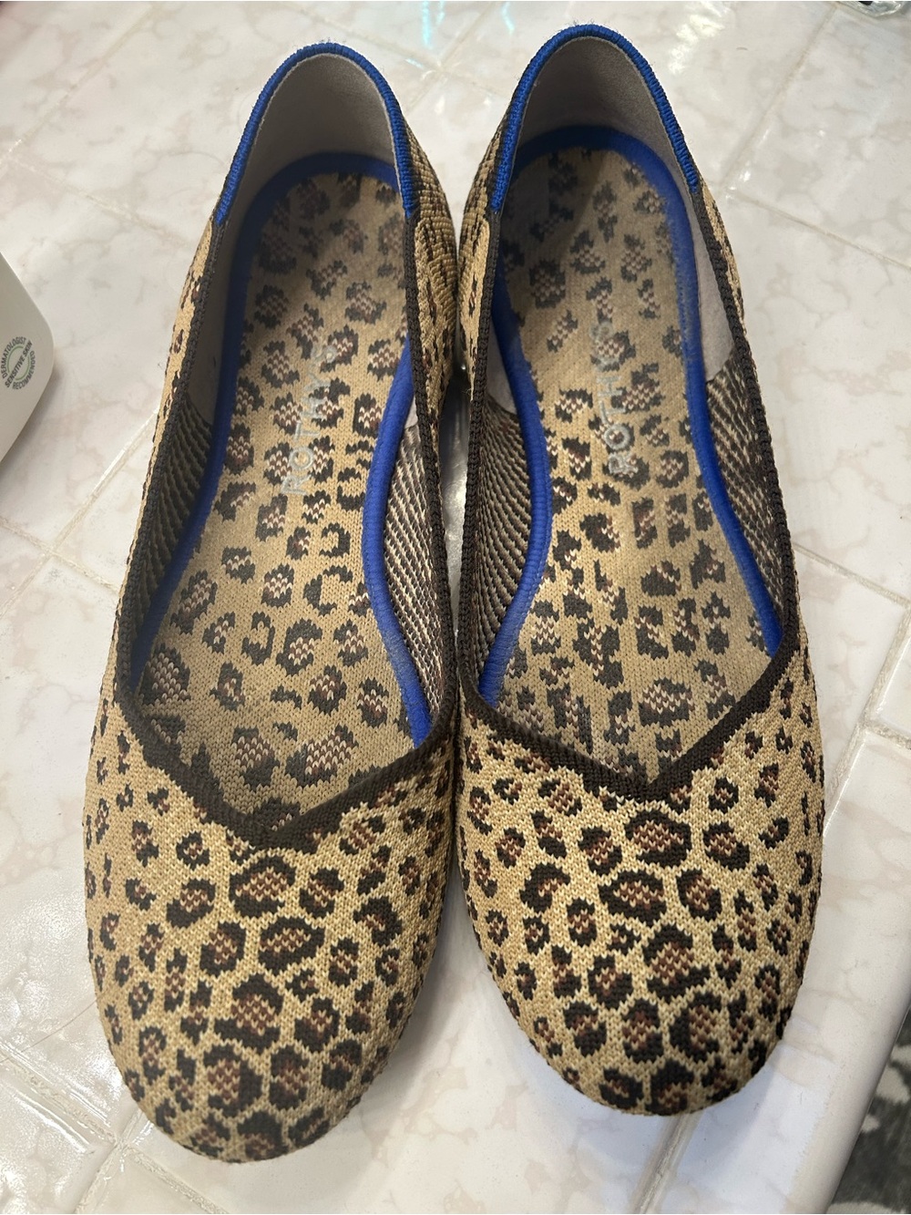 Rothy's Leopard-Print Ballet Flats in Tan, Black & Blue Trim